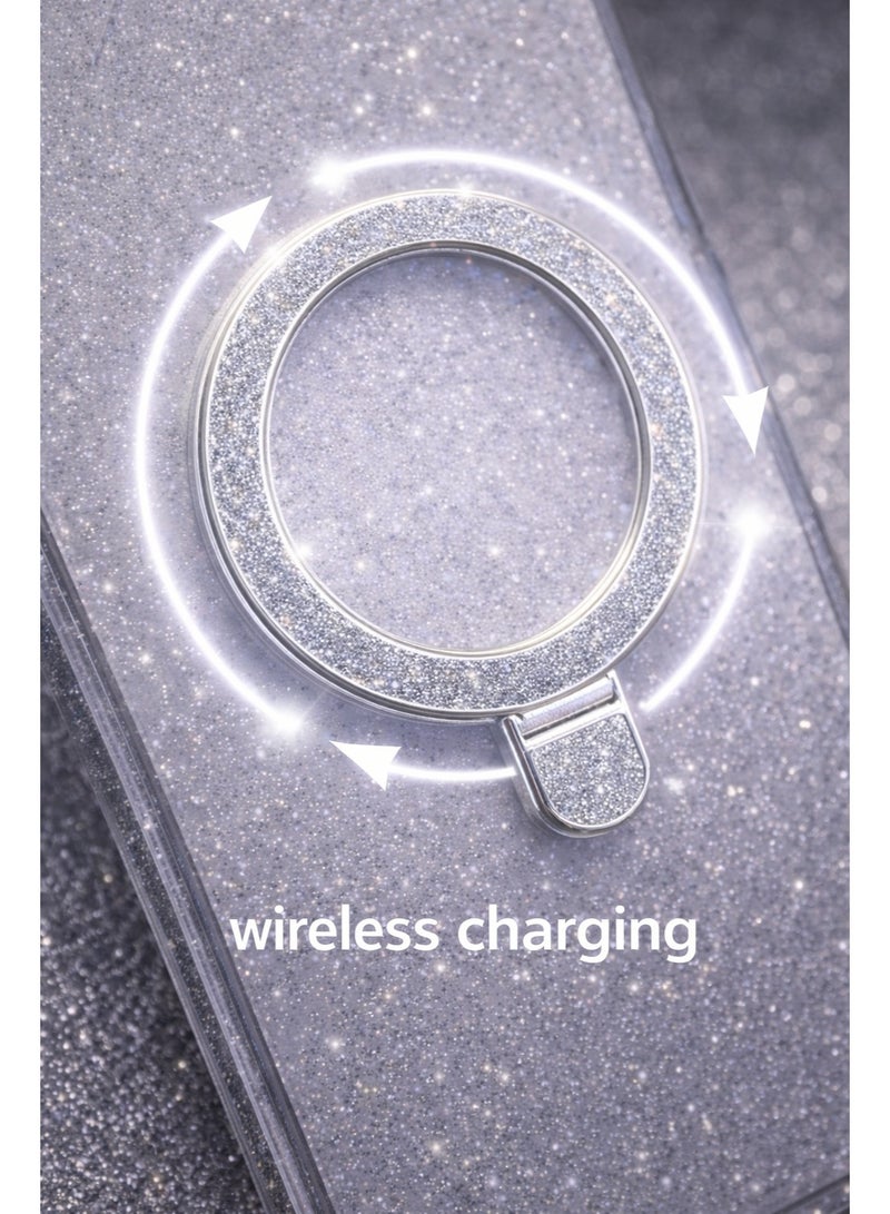 iPhone 17 Pro Clear Magnetic Case with Ring Stand, Wireless Charging Compatible, 5G Signal Safe, Slim Transparent Glitter  Cover - Image 2